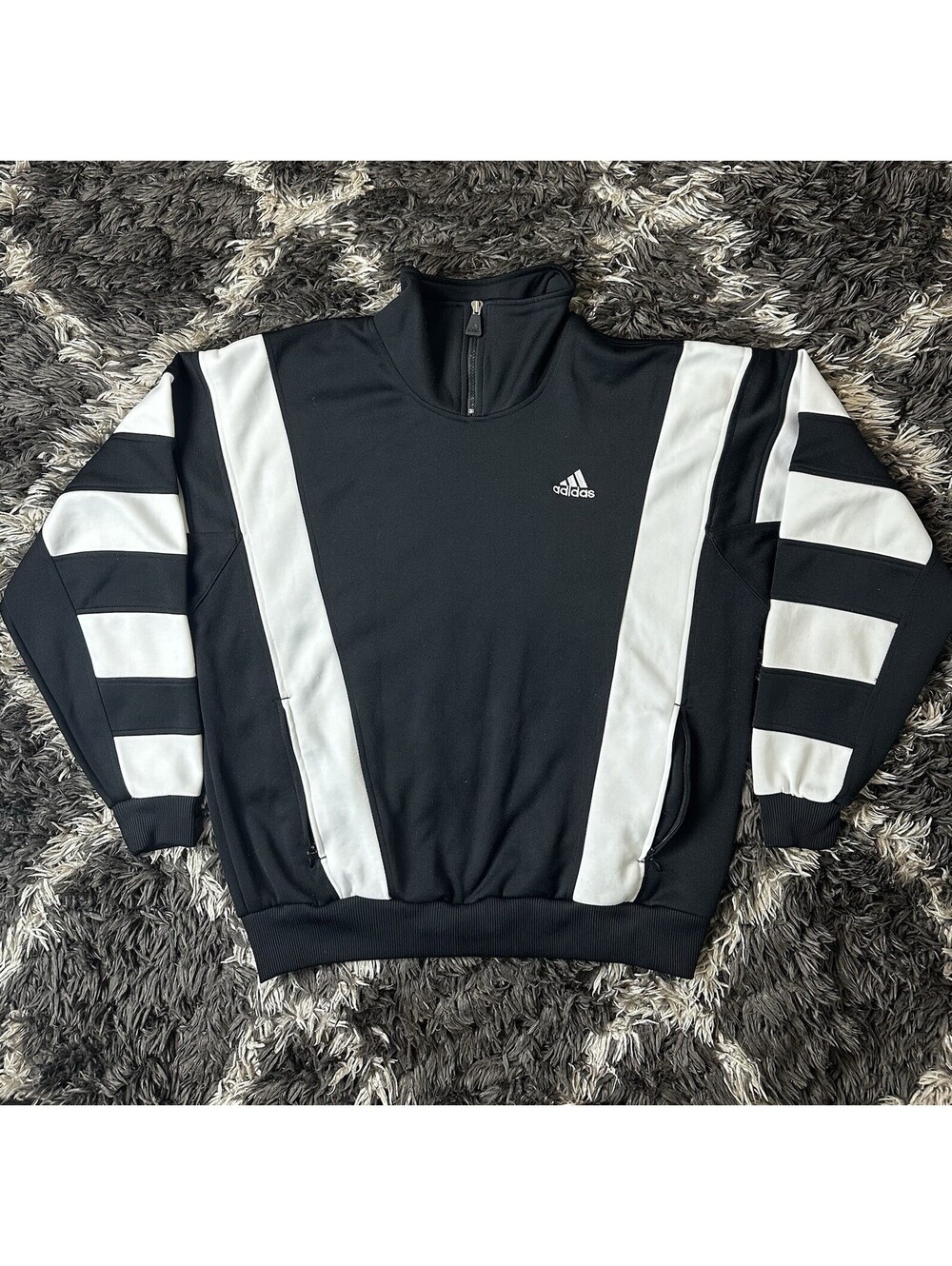 Vintage 90s Adidas Quarter Zip Pullover Sweatshirt Mens M Black White Striped